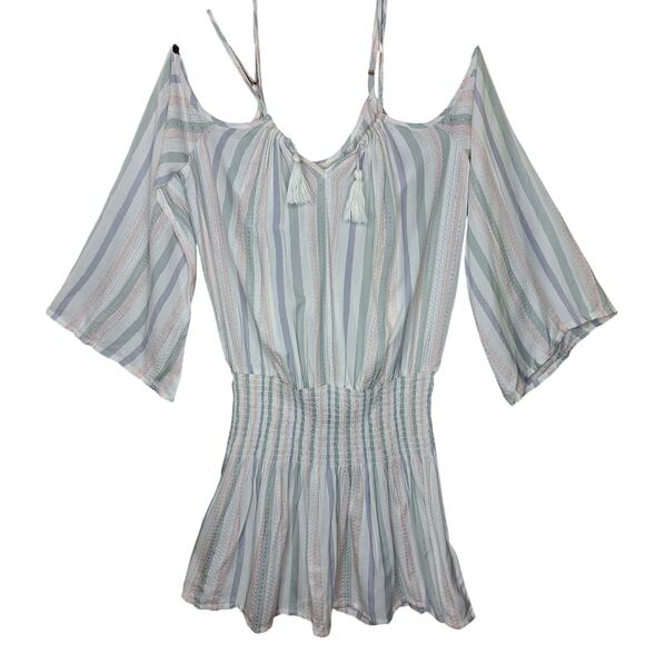 SurfGypsy NEW Shirred off the shoulder tassel mini dress cover up striped pastel - Picture 2 of 6